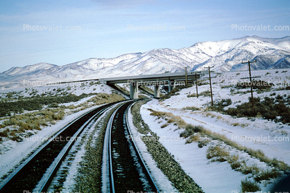Interstate Highway I-80 Overpass, Railroad Tracks in the Snow, Brush, Shrub, Ice, Cold, Frozen, Icy, Winter, hills, mountains, 31 December 1992