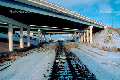 Interstate Highway I-80 overpass, Railroad Tracks in the Snow, Brush, Shrub, Ice, Cold, Frozen, Icy, Winter, hills, mountains, 31 December 1992