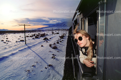 Lady Train Engineer, Diesel Locomotive in the Winter Snow, northern Nevada, 31 December 1992