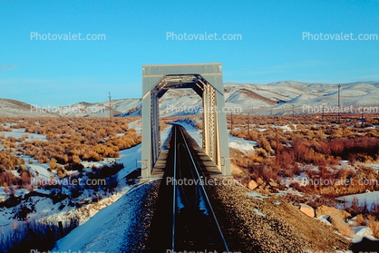 Truss Bridge, Railroad Tracks in the Snow, Brush, Shrub, Ice, Cold, Frozen, Icy, Winter, hills, mountains, 31 December 1992