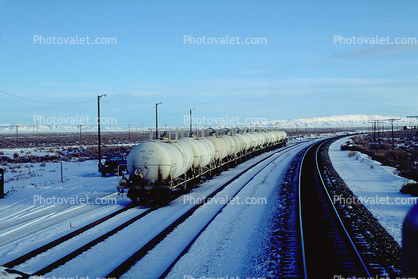 Tank Cars on a Siding, Railroad Tracks in the Snow, Brush, Shrub, Ice, Cold, Frozen, Icy, Winter, hills, 31 December 1992
