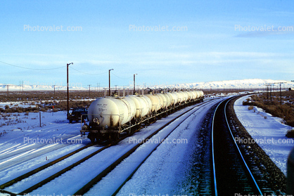Tank Cars on a Siding, Railroad Tracks in the Snow, Brush, Shrub, Ice, Cold, Frozen, Icy, Winter, hills, 31 December 1992