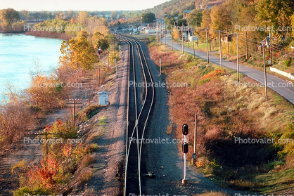 Railroad Tracks, Signal Lights, Road, shoreline, 20 October 1993