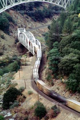 Feather River Canyon, Sierra-Nevada Mountains, State Route 70, Trestle Bridge, Arch Brige, Union Pacific Train, 24 October 1994