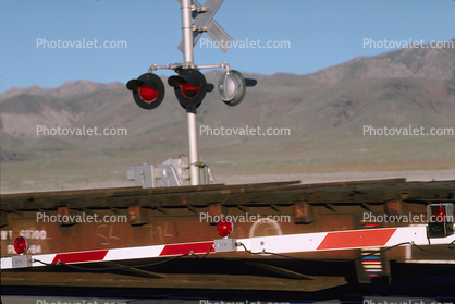 crossing signal, gate, Flatcars, Black Rock Desert, Gerlach, Nevada, Caution, warning