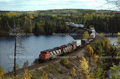 CN 9438, piggyback train, containers, forest, woodlands, lake, September 1994