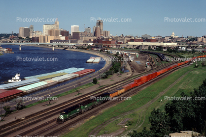 Minneapolis, Mississippi River, River Barges, Burlington Northern Train