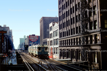 Chicago Elevated, El, CTA, downtown, buildings, 6000 series trainset, September 1954