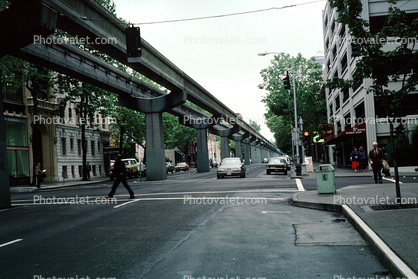 Monorail, downtown Seattle, cars, buildings, street, elevated, September 1986
