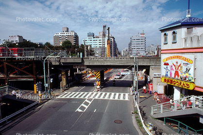 Street and a sidewalk, buildings, slim skyline, Tokyo, Car, street, bridge