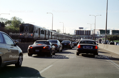 Chicago-El, Elevated, Train, Traffic Jam, Highway, CTA, Cars, vehicles