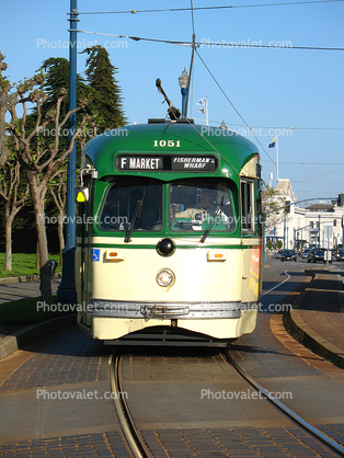 San Francisco Muni, (1960s livery), No. 1051, F-Line, PCC, Muni head-on, San Francisco, California, 1960s