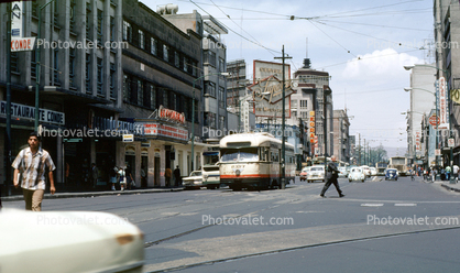PCC Trolley, buildings, street, urban, Chapultepec Streetcar, Car, Vehicle, Automobile, 1971, 1970s