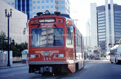 Long Beach Trolley head-on, downtown, buildings, street, streetcar