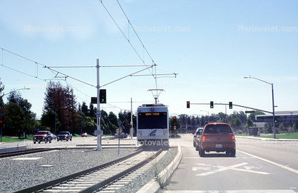 Trolley, cars, tracks, overhead wires, Milpitas