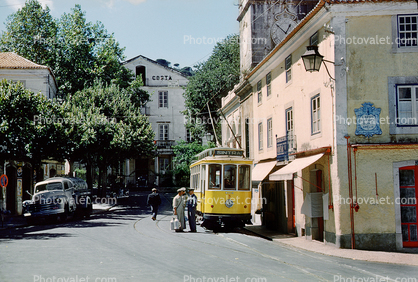 Electric Trolley, Buildings, street, milkman, Sintra, Lisbon, 1950s