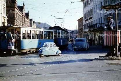 Three Wheeler, Munich, Electric Trolley, Traffic Police at Intersection, Mi-Val Milano, Microcar, Mini Car, 3-Wheeler, Tri-Wheeler, Three-Wheeler, Mini-car, Minicar, 1950s