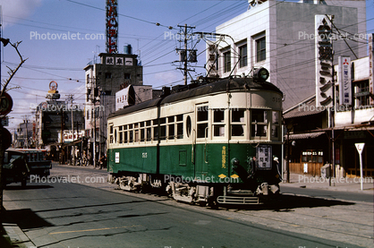 515 Trolley, Gifu-Milo Line, Street Scene, buildings, postwar, Nagoya Railroad, Gifu, March 1965, 1960s