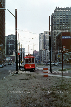 Cobo Hall Trolley, downtown Detroit, buildings, cityscape, July 1977