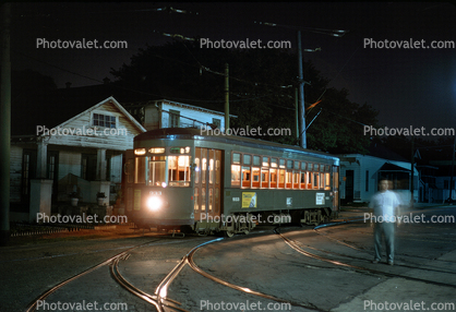 New Orleans Streetcar at night, nighttime, Carrollton Street, NOPS