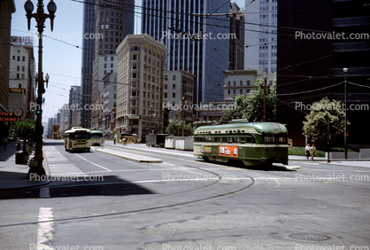 Market Street PCC Trolley, trackless trolley, buildings, 1960s