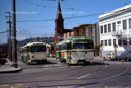 PCC 1155 San Francisco Muni Trolley, Trackless Trolley, street, buildings, June 1975, 1970s