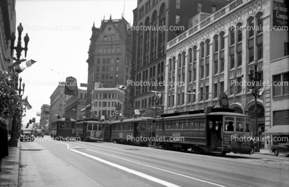 SF Municipal Railway, Trollies lined up on Market Street east of Kearney Street, during Four Track Days, 1946, 1940s
