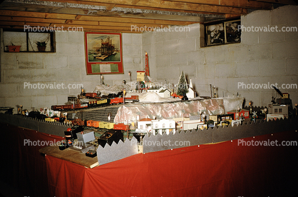 Model Train Layout, streets, houses, buildings, retro, February 1958, 1950s