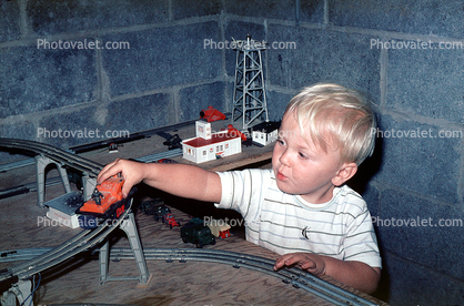 Lionel Train, boy, tracks, 1950s