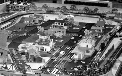 Model Train Layout, streets, houses, buildings, retro, 1950s