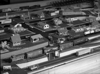 Model Railroad Layout, homes, houses, models, caboose, 1950s