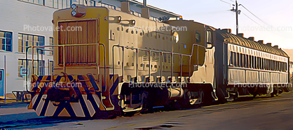 Switcher and Passenger RailCar, San Francisco Railroad Museum, Hunters Point, Panorama, 1950s
