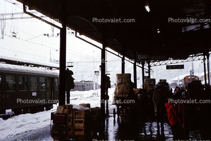 People at a Train Station, Depot, Railcar, Brig, Switzerland, 1950s