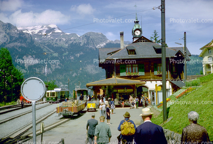 Train Station, Clock Tower, Terminal, Depot, landmark building, Wengen, Switzerland, 1950s