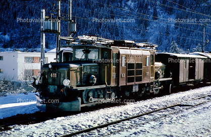 RhB Krokodil 411, Crocodile, Rhatische Bahn, Rhaetian Railway, Krok, LGB Ge 6/61, near Saint Moritz, Switzerland, 1950s