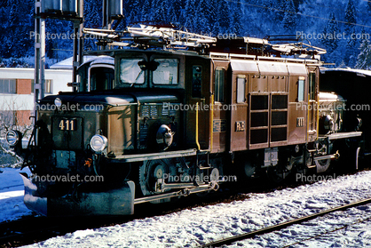 RhB Krokodil 411, Rhatische Bahn, Rhaetian Railway, Krok, LGB Ge 6/61, near Saint Moritz, Switzerland, 1950s