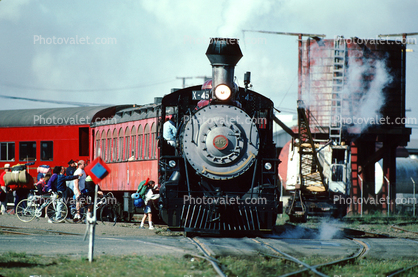 CWR X-45, 2-8-2, The Skunk Train, Mikado steam powered locomotive head-on, California Western Railroad, Fort Bragg