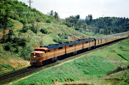 Southern Pacific, Diesel Electric, Locomotive, trainset, ALCO PA-1 A-B-A, Sunset Limited ?, hills, track, forest, trees, 1950s