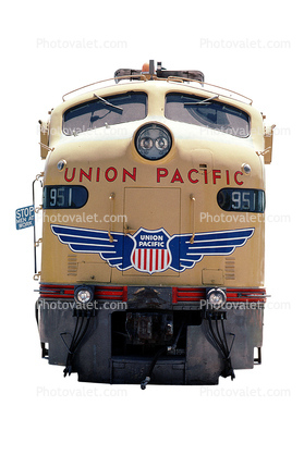 UP 951, E-9 Diesel Electric Locomotive head-on, F-Unit, photo-object, object, cut-out, cutout