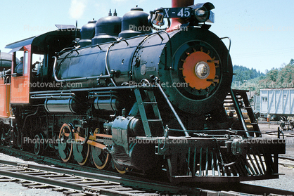 Baldwin 58045, X-45, 2-8-2, CA Western Railroad, Mikado type, Willits, 1950s