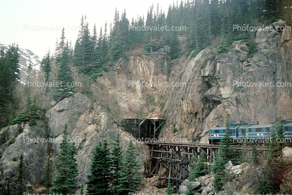 W P & Y R, near White Pass, trestle bridge, forest, White Pass and Yukon Railroad, cliffs, forest
