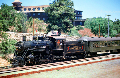 GCRY 18, Alco 2-8-0, Grand Canyon Railway, El Tovar Hotel, Lodge, Railcar 1990 