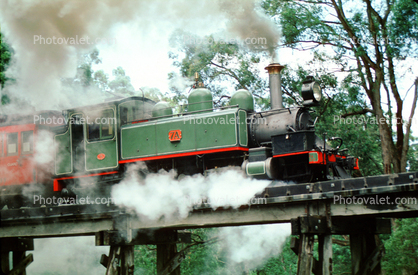 NA class 2-6-2T, trestle, locomotive 7A, Puffing Billy steam railway, Victorian Railways, Melbourne, Australia, January 1986