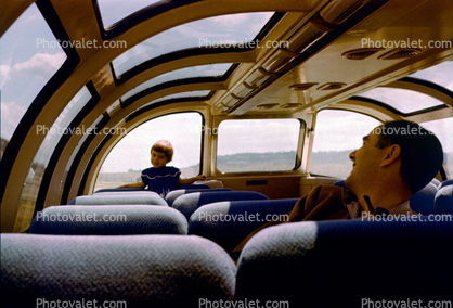 Dome Railcar, observation, Girl and Father, smiles, seats, pipe, California Zephyr, 1940s