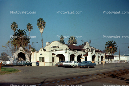 Western Pacific Railroad Train Station, Depot, Building, palm trees, cars, Stockton California, October 1969, 1960s