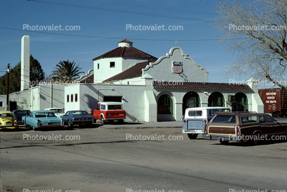 Union Pacific Railroad Train Station, Depot, Building, cars, Yermo California, January 1979, 1970s