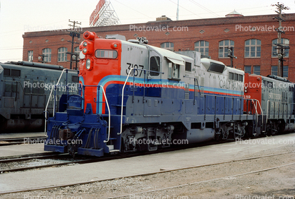 JPBX 3187 Caltrain locomotive, EMD GP9, 4th Street Station, September 1982, 1980s