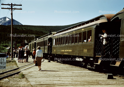 WPY July 1969, Lake Muncho, White Pass & Yukon Route Railway, platform, Passengers, 1950s