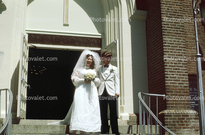 Bride and Groom, leaving Church, smiles, 1960s