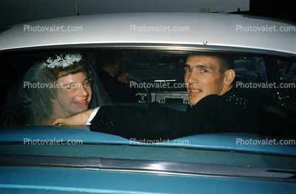 Bride and Groom, car, rear window, automobile, 1950s